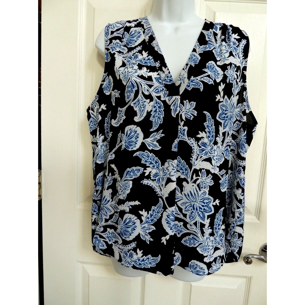 Vince Camuto Womens Large 14 Floral V-Neck Sleeveless Blouse Black Blue White